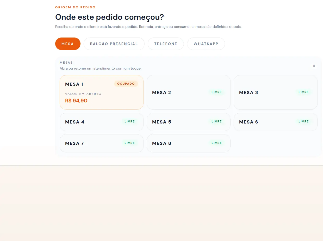 Tela de atendimento do UltraPOS com a origem do pedido (mesa, balcão, telefone, WhatsApp) e o mapa de mesas, com a mesa 1 ocupada