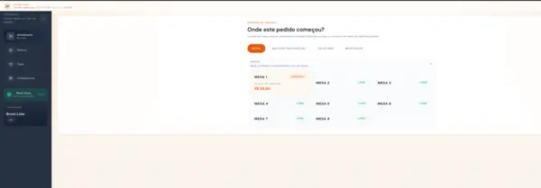 Tela de atendimento do POS com seleção de mesas, mesa 1 ocupada e demais livres