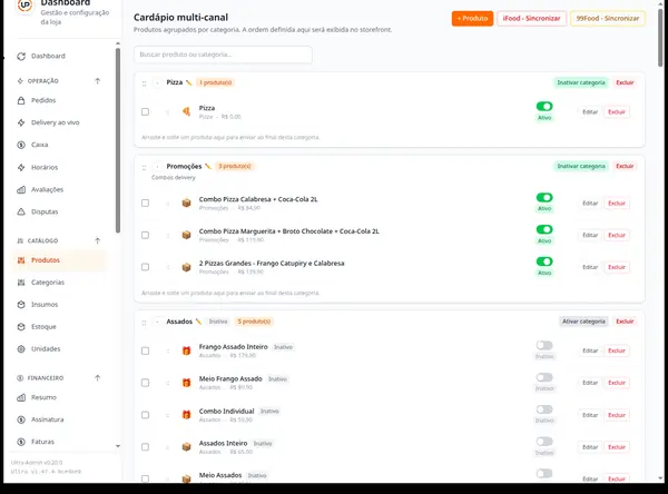 Tela de produtos do UltraPOS com cardápio multicanal por categorias